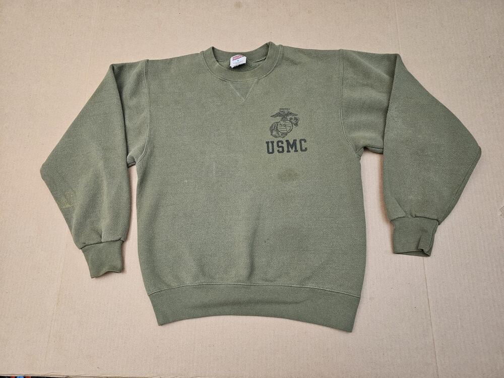 VINTAGE USMC Sweater Adult Small Green Made in USA Cotton Blend Marines